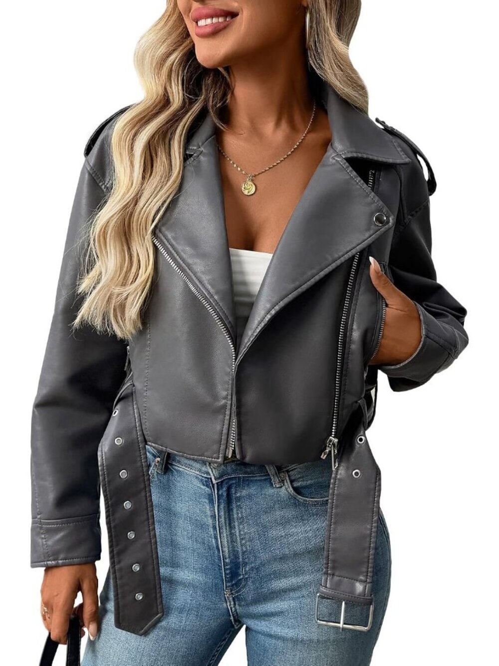 Women's Grey Faux Leather Cropped Jacket Vegan Motor Biker Coat with Belt